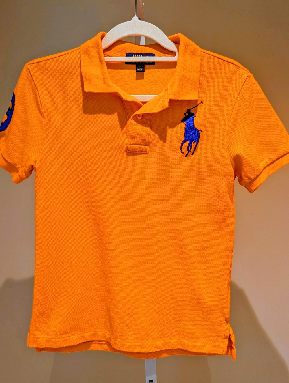 Boys Orange Blue Polo Shirt M 10-12 Big Pony Horse 3 Sleeve